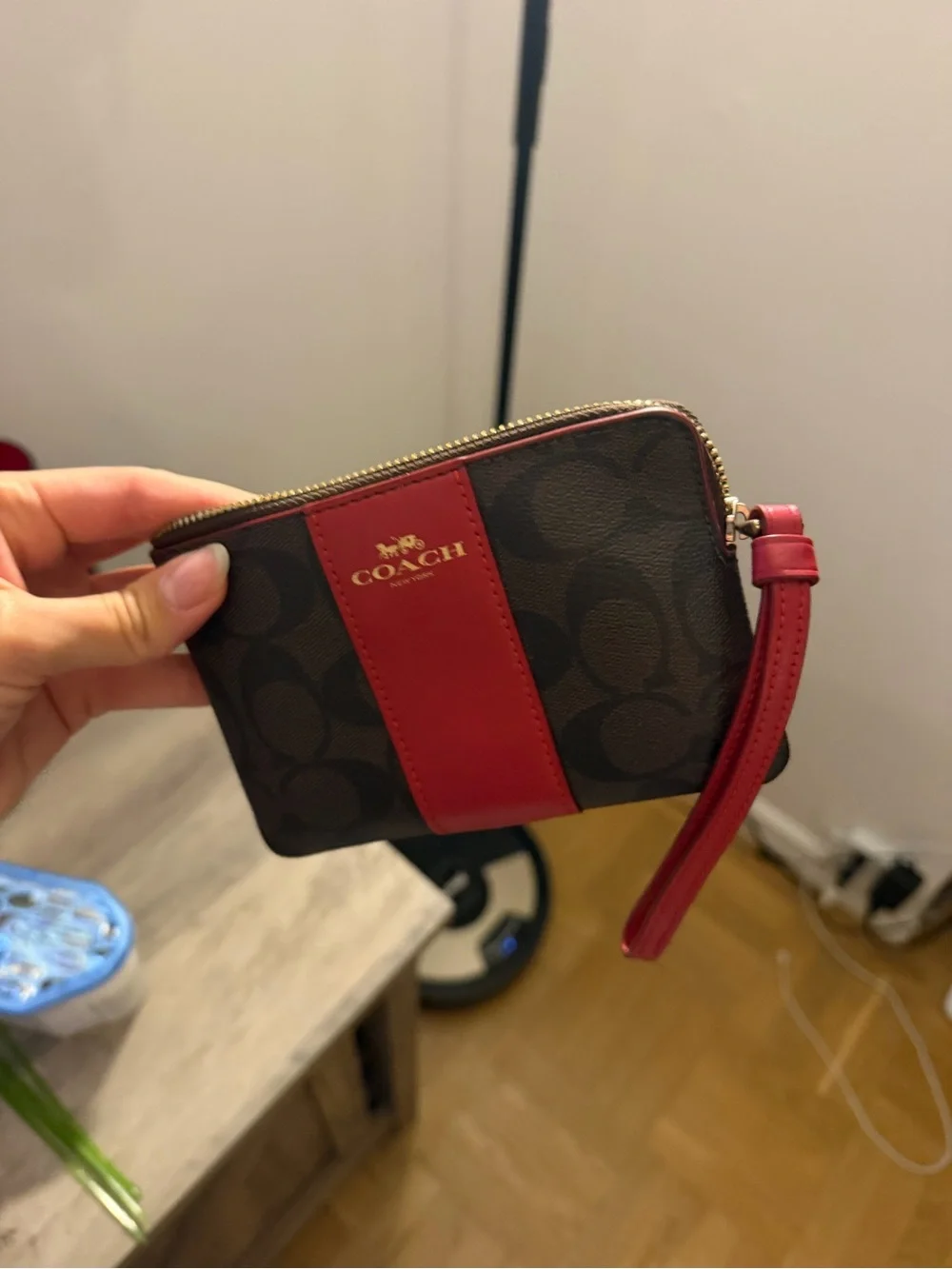 Coach Brown Signature Wristlet with Red Center Stripe